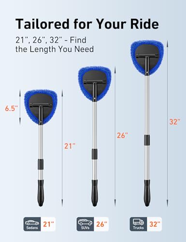 AstroAI 21" Windshield Cleaner Tool, Car Interior Detailing Cleaning Kit with Extendable Handle and 4 Upgraded High-Density Reusable Microfiber Pads, Auto Glass Wiper Brush Kit for Cars, Blue