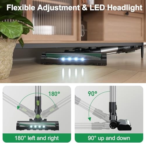 PRETTYCARELIFE Cordless Vacuum Cleaner, Lightweight Stick Vacuum Cleaner, 6 in 1, Self-Standing with Powerful Suction, 180° Bendable Wand Rechargeable Cordless Vacuum for Hardwood Floor (Green)