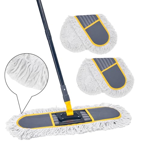 24" Commercial Dust Mop for Floor Cleaning,Heavy Duty Floor Duster Sweeper Broom with 2 Replacement Mop Pads,Large Wet Dry Flat Mops for Hardwood Floors,Marble, Laminate,Tile,Concrete,Garage (Grey)