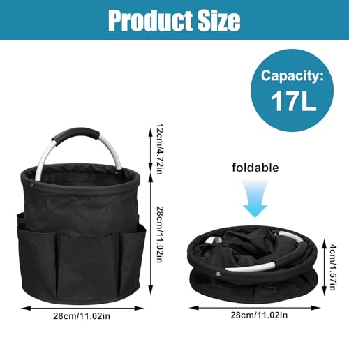 Qivine 17L Cleaning Caddy with Handle, Cleaning Supply Caddy Foldable Tool Bag Cleaning Products Organizers Portable Cleaning Bucket Organiser for Storing Towels (Black)