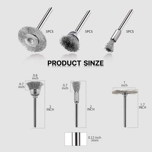 EASYIKI 15 Pieces Stainless Steel Wire Brushes, Wire Brush Wheel, Steel Wire Polishing Wheel Kits for Dremel Rotary Tools (1/8 Inch Mandrel)