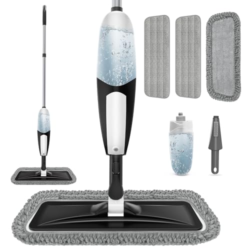 TRAV-ROUND Spray Mop for Floor Cleaning: Microfiber Wet Dry Mop for Hardwood Laminate Tile Wood Vinyl, 360° Swivel Head Lightweight Flat Floor Mops with 3 Washable Reusable Pads & Refillable Bottle