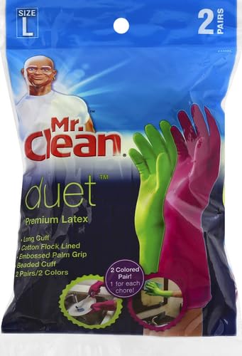 Mr. Clean Duet, Natural Latex, Beaded Cuff, Cotton Flock Lining, Non-Slip Grip Gloves, Large