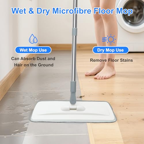 wlich Microfiber Mop for Cleaning Floors,55 Inch Extendable Flat Mop with 4 Reusable Washable Pads, 1 hook, 1 wall piece, and 1 scraper, Wet Dry and Dust Mops for Bathroom Kitchen, Floor,Ceramic Tiles