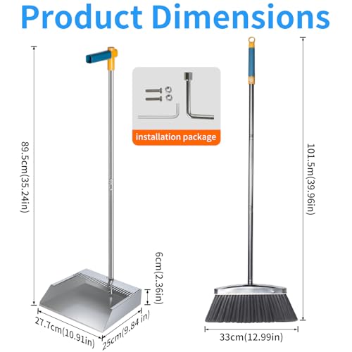 Heavy Duty 304 Stainless Steel Dustpan and Broom Set, Long Handle Self Standing Dust Pan with Wide Mouth Pet Hair Comb Teeth, Indoor Outdoor Cleaning Set for Kitchen Garage Office