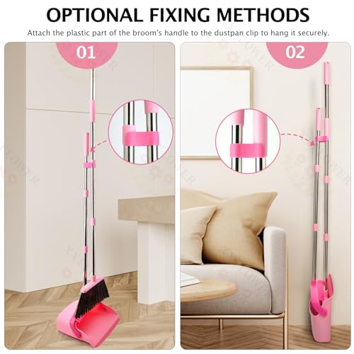 XXFLOWER Broom and Dustpan Set, Dustpans with Broom Combo for Home, Heavy Dust Broom and Dustpan Combo, Long Handle Dust Pan and Broom Set for Kitchen, Office, Pet Hair,Pink, Pack of 1