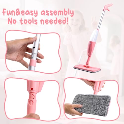 Kids Spray Mop, Pink Mini Mop Set with 2 Microfiber Washable Pads and 10 Disposable Dry Dusting Cloths, Dust Mop for Floor Cleaning, Small Mop for Toddlers Gift