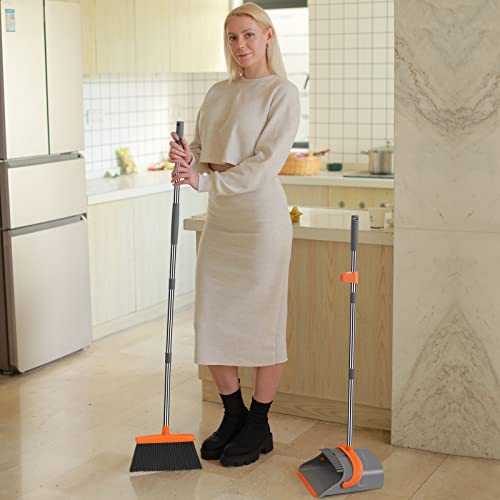 Ivandar Broom and Dustpan Set for Home, Broom and Dustpan Combo for Office, Long Handle Broom with Upright Standing Dust pan,Indoor&Outdoor Sweeping (Gray&Orange)