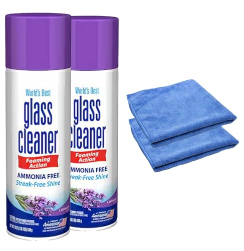 Glass Cleaner Foam, Foaming Action & Spray, 19oz - 2 Pack - Lavender Scent - Bundled With 2 Microfiber Cleaning Clothes (38 oz Total)