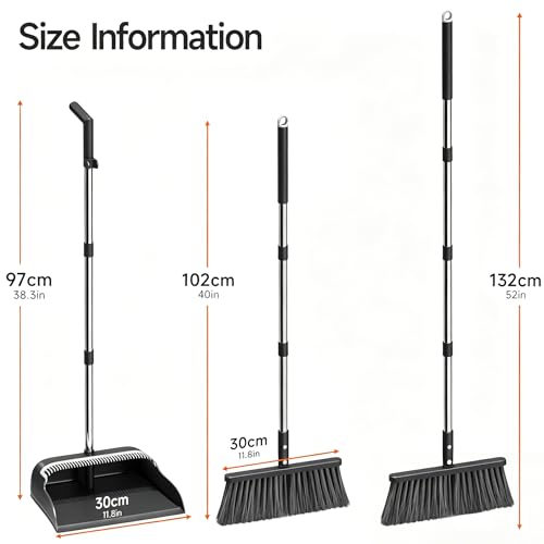 POPMOP Broom and Dustpan Set, 52" Long Handle Standing Broom with Dustpan Combo Set with Dust Pan Teeth to Clean Pet Hair, Easy Sweeping Suitable for Home Kitchen Office Lobby
