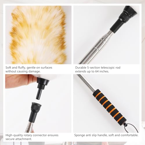 Lambswool Extendable Cleaning Duster 26-64 Inch, Anti-Static Wall Duster Cleaner with Sponge Grip and Stainless Steel Extension Pole for High Ceiling Fan, Interior, and Roof Dusting - Yellow & White