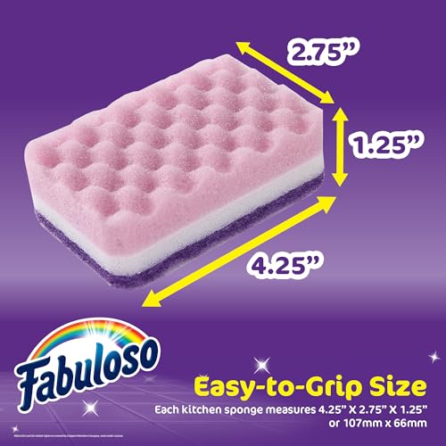 Fabuloso Scratch-Free Kitchen Dish Sponges Purple Cellulose Scrubber Sponge with Scouring Pad Dishes Pots Pans Counters and Sinks Tough on Messes 4.25 x 2.75 x 1.25 in 4 Count Single Pack Value