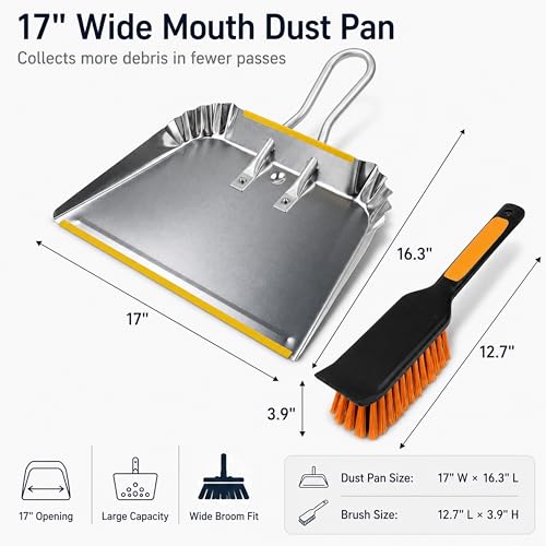 PHYEX 17" Heavy Duty Metal Dust Pan with Brush Set, Large Wide Mouth Dustpan with Stiff Bristle Cleaning Brush for Garage, Yard, Fireplace Ash, Wood Stove, Workshop and Outdoor Cleanup, Silver