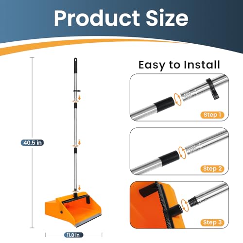 REEWII Large Commercial Dustpan with Comb，Long Handle Upright Heavy Duty Dust Pan Outdoor Indoor for Courtyards, Garages, Lobbies, Shopping Malls, Market Floors, Sidewalks, Classroom Floor Cleaning