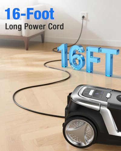 Zefiro Max 1600W Bagless Canister Vacuum Cleaner, 40kPa Powerful Suction for Pet Hair, Hard Floors & Carpets, Lightweight with HEPA Filter, Auto Cord Rewind & Large Capacity for Home & Apartments