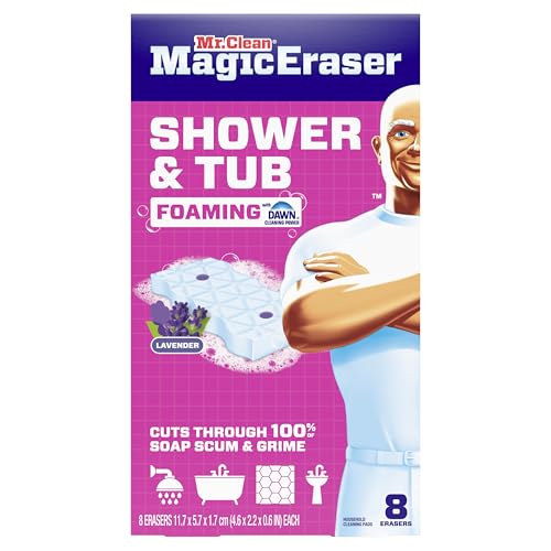 Mr. Clean Magic Eraser Sponge, Bathroom, Shower, Tub Cleaner, Soap Scum Remover, Bathroom Cleaning Supplies, Dawn Cleaning Power with Lavender Scent, Shower & Tub, 8ct