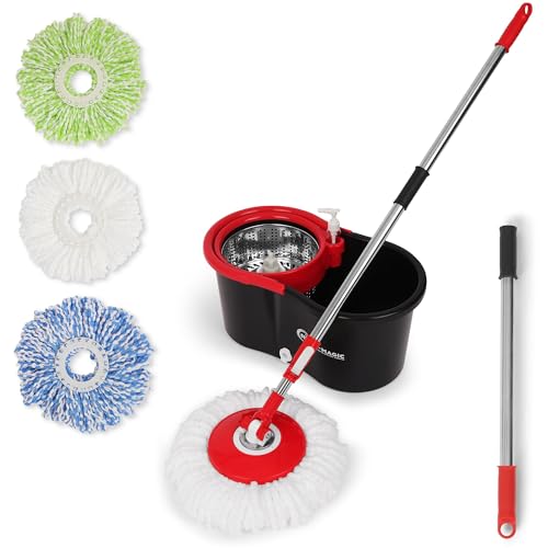 Simpli-Magic 360° Spin Mop and Bucket with Wringer – 3 High-Absorbent Microfiber Washable Heads – Spinning Mop and Bucket Set for All Types Floor Cleaning (Black)