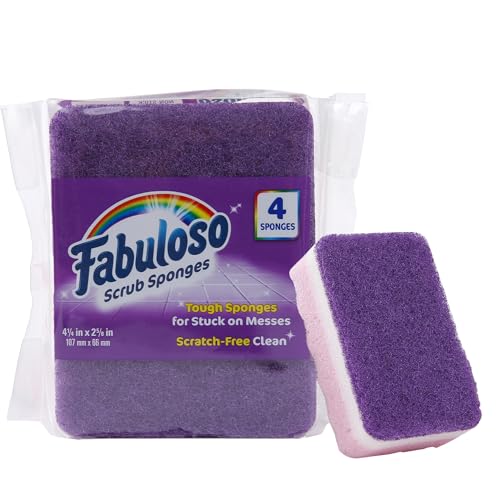Fabuloso Scratch-Free Kitchen Dish Sponges Purple Cellulose Scrubber Sponge with Scouring Pad Dishes Pots Pans Counters and Sinks Tough on Messes 4.25 x 2.75 x 1.25 in 4 Count Single Pack Value