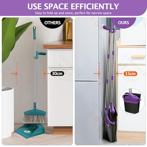 XXFLOWER Broom and Dustpan Set with Long Handle, Light Weight Stainless Steel Poles Stand Upright Dustpans with Broom Combo for Home Kitchen Office Pet Dog Hair, 1-Pack (Purple)