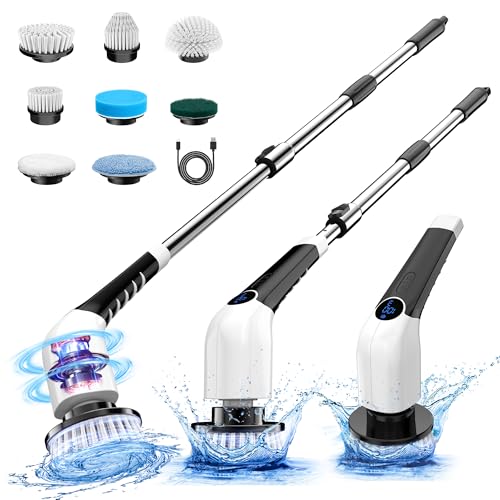 KEIMI Electric Spin Scrubber, Cordless Shower Cleaning Brush with 8 Replaceable Brush Heads, 3 Speeds, Extension Handle, Digital Display, IPX7 Power Scrubber for Bathroom, Tub, Tile and Floor