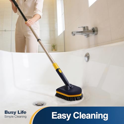 Yocada Tub Tile Scrubber Brush 2 in 1 Cleaning Brush 4*Scouring Pads 58.2 Inch Adjustable Telescopic Pole Stiff Bristles for Cleaning Bathroom Kitchen Toilet Wall Tub Tile Sink Non Scratch