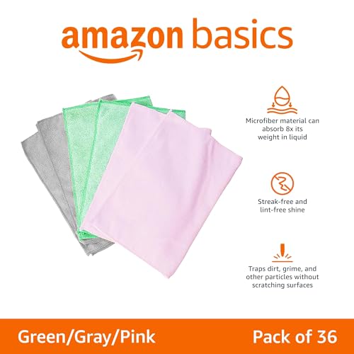 Amazon Basics Microfiber Cleaning Cloths, Ultra Absorbent, Scratch Free, Non-Abrasive, Reusable and Washable, All-Purpose, Car Detailing, 16" x 12", Green/Gray/Pink, 36-Pack