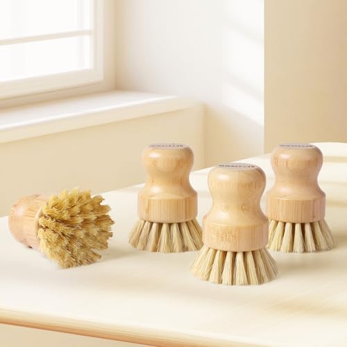 ÖkoStamm 4 Pack Bamboo Dish Brush, Dish Scrubber Brush with Sisal Bristle, Natural Scrub Brush for Kitchen Cleaning Dishes, Pots, Pans, Bottles, Vegetables