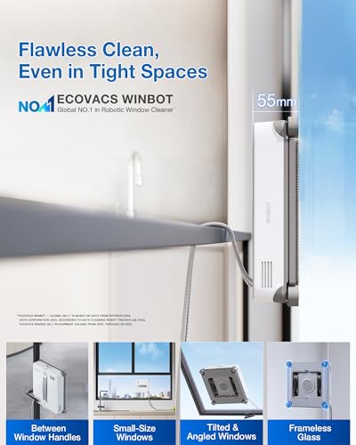 ECOVACS WINBOT MINI2 Window Cleaning Robot, Robot Window Cleaner with 5 Smart Cleaning Modes, Win-SLAM 4.0 Navigation, Automatic Glass Cleaner for Windows, Mirrors & Glass Doors