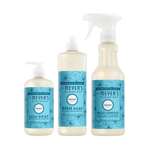 Mrs. MEYER'S CLEAN DAY Kitchen Essentials Set, Includes: Hand Soap, Dish Soap, and All Purpose Cleaner, Dewdrop, 3 Count Pack