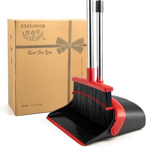 XXFLOWER Broom and Dustpan Set for Home, Broom with Dustpan Cleaning Teeth Combo Set, Indoor Sweep Broom with Long Handle for Office Home Kitchen Lobby Floor (Black Red)