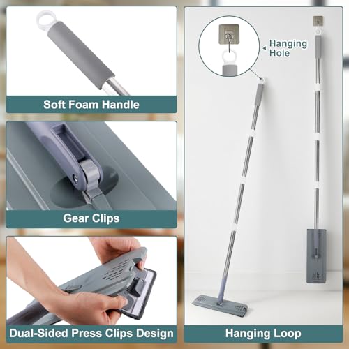 Flat Mop with 3 Pads, Microfiber Mops for Floor Cleaning Adjustable Handle 29-49, Dust Mop for Hardwood Floors, Wet Dry Use on Laminate Wood Tile Vinyl Wall Mopping Bathroom Kitchen Household Supplies