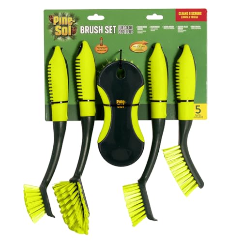 Pine-Sol Scrub Brush Set - Long Handle Cleaning Brushes with Heavy Duty Bristles and Comfort Grip - Scrubbers for Kitchen, Household, and Dishwashing, 5 Pieces