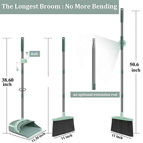 Ivandar Broom and Dustpan Set for Home, Dust pan with Long Handle, Broom with Dustpan Combo Set, for Home Kitchen Room Office Lobby Floor Use Upright Stand Up Sweeping (Gray&Green)
