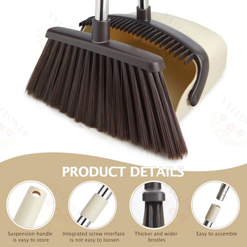 XXFLOWER Broom and Dustpan Set with Long Handle, Heavy Dust Broom and Dustpan Combo for Home，Kitchen, Office, Pet Hair(Beige)