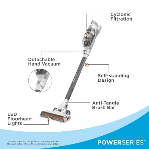 BLACK+DECKER POWERSERIES+ 20V MAX Cordless Stick Vacuum Cleaner with LED Floor Lights, Bagless, Lightweight, Cordless Vacuum Cleaners for Home, Up to 44 Minutes, Powerful Suction, Gray (BHFEA520J)