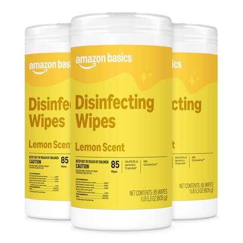 Amazon Basics Disinfecting Wipes, Lemon Scent, for Sanitizing, Cleaning & Deodorizing, 255 Count (3 Packs of 85), Packaging May Vary