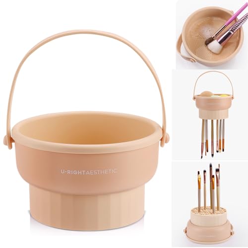GOLIKEE Makeup Brush Cleaner Mat 3 in 1 Silicone Makeup Brush Cleaner Bowl Cosmetic Brushes Cleaning Tool Organizer for Storage and Air Drying（Khaki）