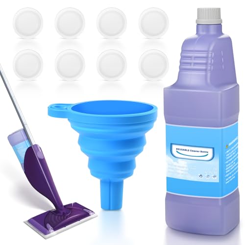 Upgraded Refillable Bottle for Swiffer® Wet Jet™ Mop – 1250ml /42.3 FL OZ, Leak-Proof HDPE Solution Refill Bottle with 8 Silicone Gaskets & 1 Funnel,Easy Install for Use with Any Cleaning Solution
