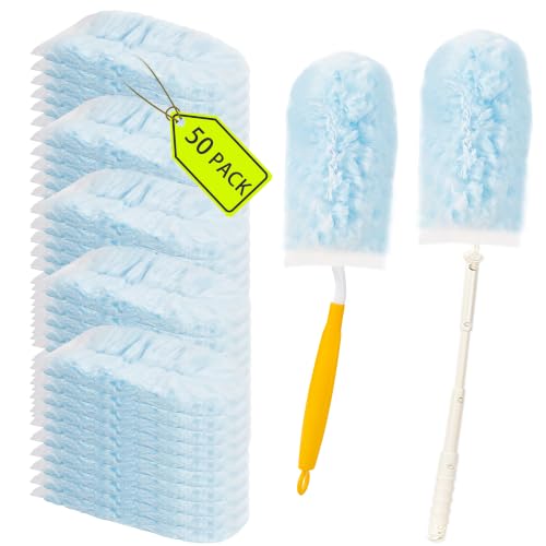 50 Count Duster Refills ，360° Heavy Duty Duster Refills Compatible with Swiffer Duster, Multisurface Heavy Duty Duster Replacements with 1 Short Handle and 1 Extenda Handle
