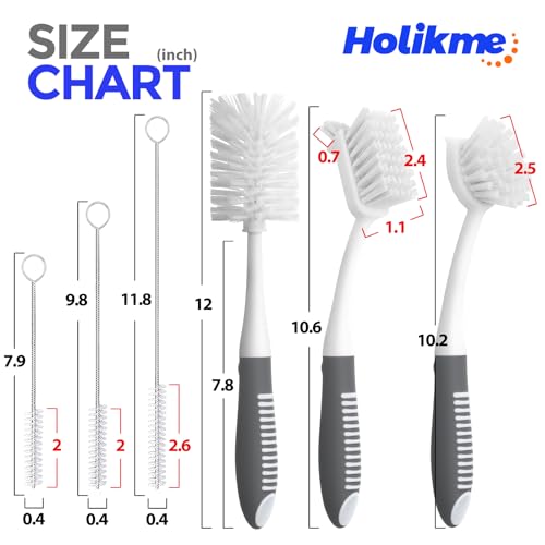 Holikme 6 Pack Dish Brush Set with Bottle Brush, Dish Scrub Brush, Pan Brush and 3 Straw Brushes, Deep Cleaning Handle Brush with Scraper Tip for Kitchen Sink Dishes Bottle Cup Pot and Pans (Gray)