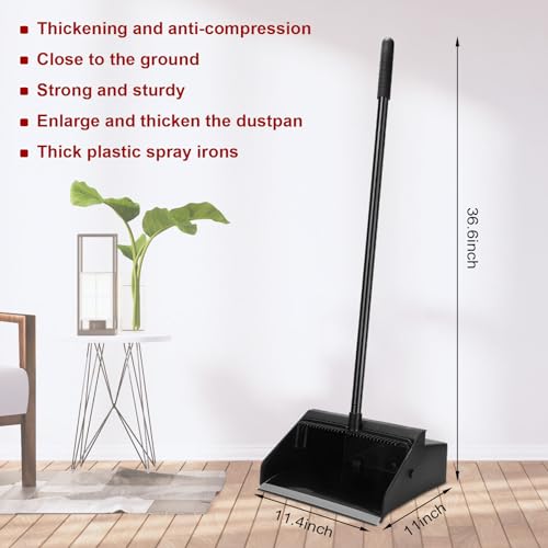 Leumoi 8 Pcs Dust Pans with Long Handle Set 36.6 Inch Commercial Dust Pan with Comb Large Plastic Stand up DustPans for Outdoor Indoor Restaurant Home Office Floor Cleaning (Black)