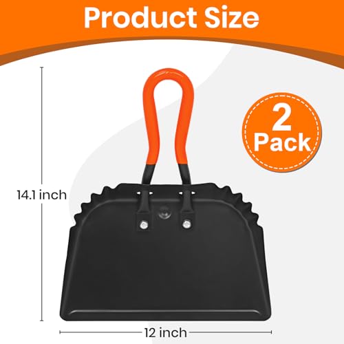 (2PK) Metal Dust Pans Heavy Duty, 12” Outdoor Dustpan with Rubber Handheld Handle, Large Shovel Wide Scoopers for Garage Shop Fireplace Commercial Uses