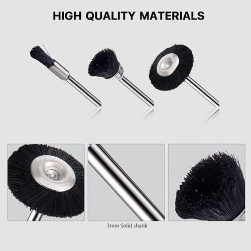 EASYIKI 15 Pieces Black Hair Polishing Brushes, Mini Brush Wheel, Polishing Wheel Kits for Rotary Tools (1/8 Inch Shank)