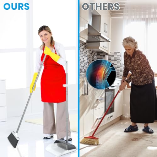 Stand Up Dustpan and Broom Set 50” Long Handle Broom with Dust Pan, 20° Angled for Ergonomic Home Office Indoor Sweeping