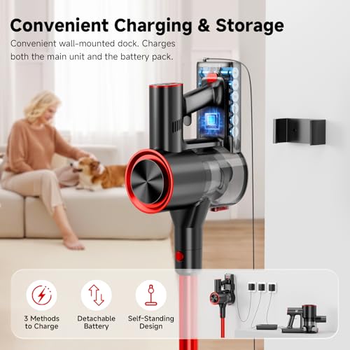 Clinkal Cordless Stick Vacuum Cleaner, 40Kpa Powerful Suction Vacuum Cleaner with LED Headlight, Detachable Battery, 8-in-1 Lightweight Handheld Vacuums for Pet Hair Carpet and Hardwood Floor, Red