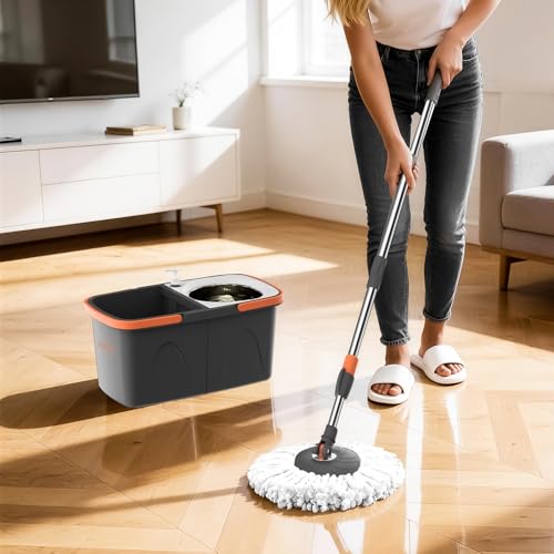 YASHE Foldable Spin Mop and Bucket System, Dual-Bucket Cleaning & Stainless Steel Wringing, Collapsible Storage with Detergent Bottle, 2 Reusable Microfiber Mop Heads for Floor Cleaning