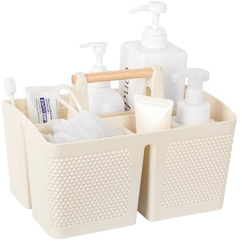 rejomiik Portable Shower Caddy Basket Plastic Cleaning Caddy Organizer Storage Tote with Handle for Bathroom, College, Dorm Room Essentials, Cream