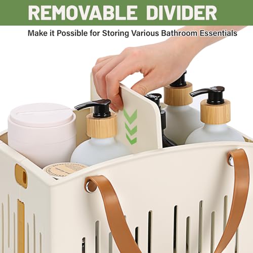 Homiton Portable Shower Caddy Collapsible Plastic Shower Basket Tote with Handles Removable Divider, Cleaning Caddy Storage Organizer for Bathroom College Dorm (White)