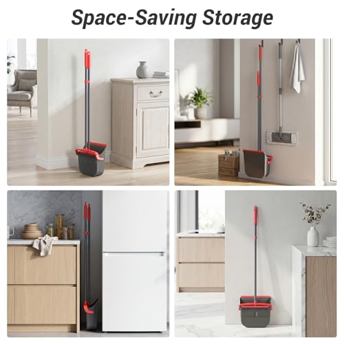 Zeawec Broom with Dustpan Combo Set, Long Handle Upright Standing Self-Cleaning Broom and Dustpan Set for Pet Hair & Dust Cleanup, Indoor Outdoor Use for Home, Kitchen, Office, Red & Gray