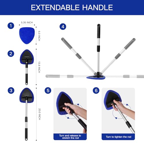 Qydipclin 11pcs Windshield Cleaner Tool, Car Window Cleaning Wash Kit with 6 Reusable Microfiber Pads 2 Spray Bottles and Extendable Handles Auto Glass Wiper Kit, Blue